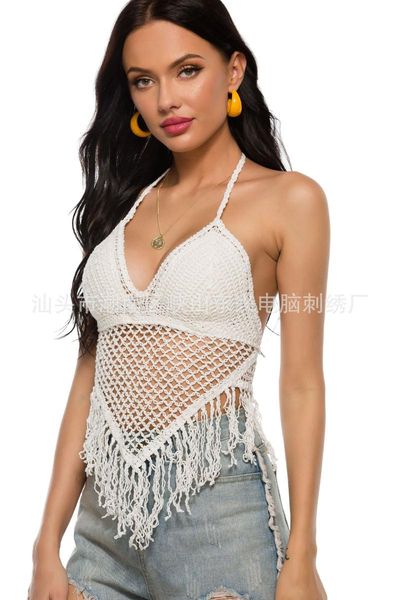 

women's tanks & camis woman's beach sling camisole swimwear, v-neck halter backless hollowed-out tassel slim waistcoat, White