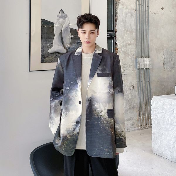 

men's suits & blazers men vintage pattern loose casual jacket male streetwear suit coat outerwear ghr0, White;black