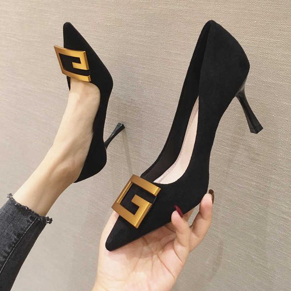

dress shoes high heels versatile pointed women's shoes black french net red metal buckle heel's thin heel shallow mouth single