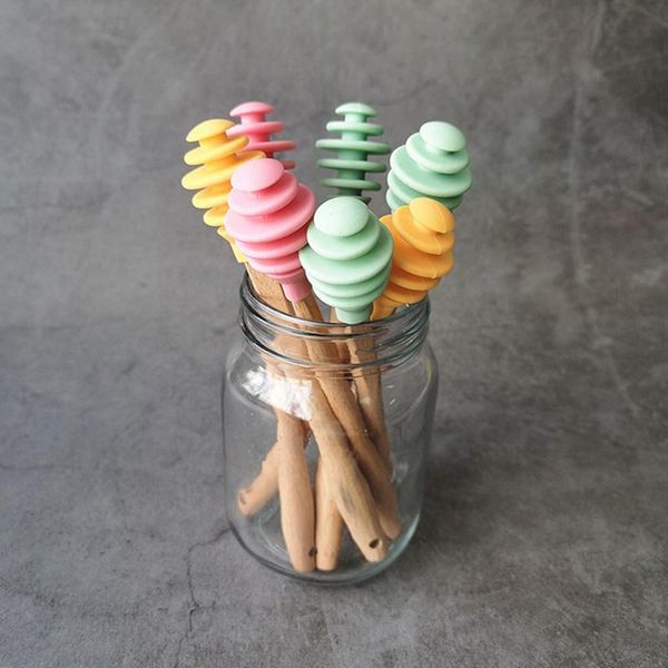 

spoons silicone honey dipper stick spoon bar stir mixing for container dispensing stirring rod + wooden handle