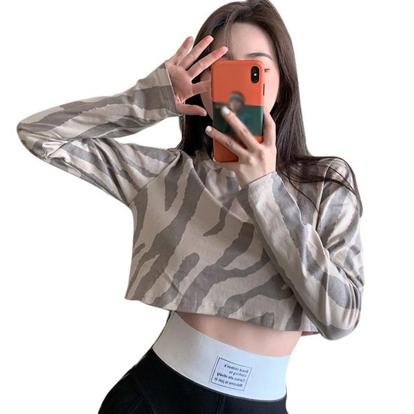 

zebra print t-shirt long-sleeved women high waist cropped spring autumn loose round neck slim t shirts, White