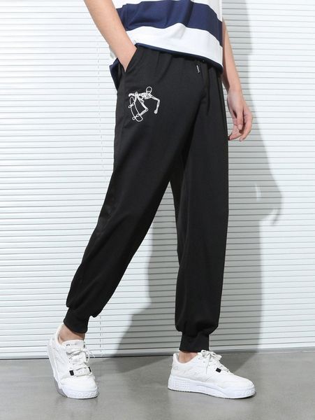 

men skeleton & skateboard print drawstring waist sweatpants m4tz#, Black