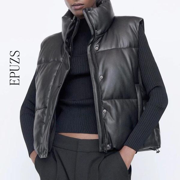 

women's vests winter jacket black warm faux leather vest coat casual zipper sleeveless female short outwear 2021, Black;white