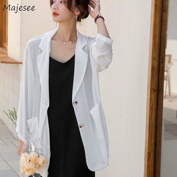 

women's suits & blazers women long sleeve chiffon notched large size leisure baggy all-match sunscreen summer thin korean style simple, White;black