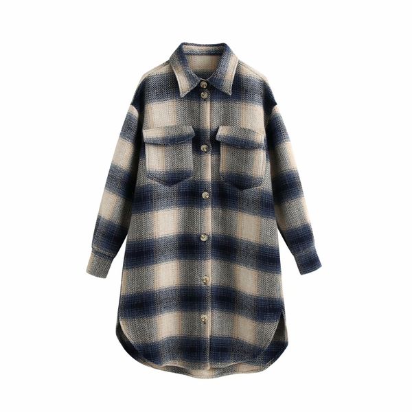 

vintage women blue plaid woolen long jacket fall 2020 women fashion chic pockets button-up coat female outerwear, Black;brown