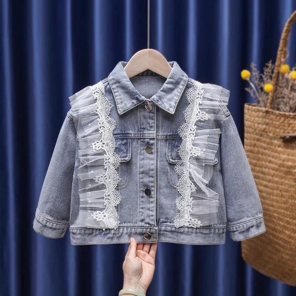 

jackets girls kids denim spring autumn fashion child lace princess coats outwear ripped jeans jean, Blue;gray