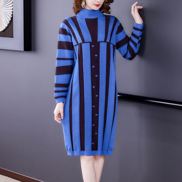 

women's sweaters women korean vintage casual midi dresses autumn winter blue striped turtleneck pullovers 2021 elegant bodycon warm, White;black