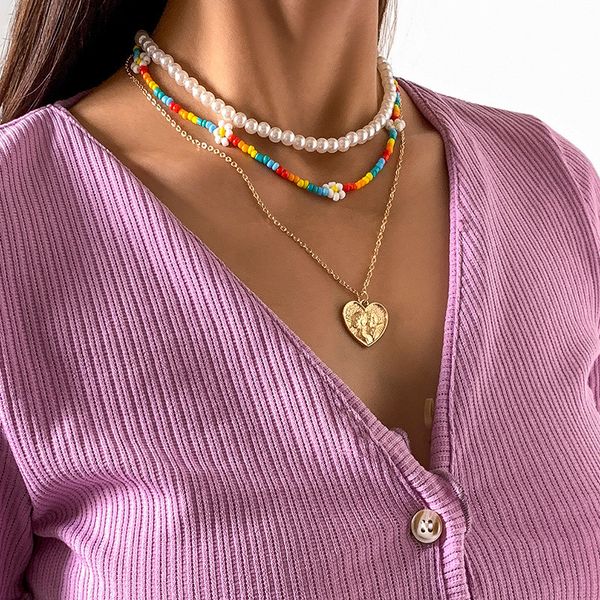 

europe vacation heart pendant necklaces colorful daisy flower woven beaded chain women multi layer imitation pearl party dress necklace jewe, Silver
