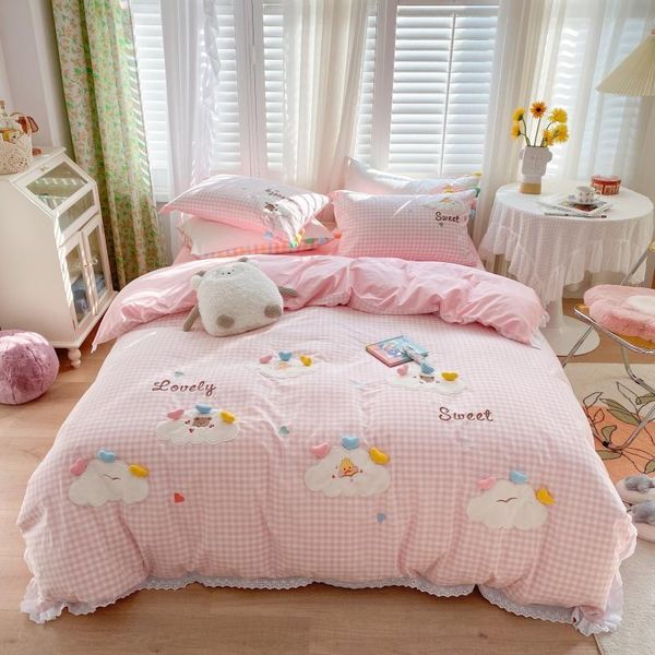 

bedding sets cotton series sweet boy pink set cloud patch embroidery lace duvet cover bed sheet 1.5/1.8/2.0m 2 pillowcases