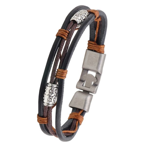 

retro punk men bead bracelet three leather cord wax line beads bracelet jewelry banquet friendship gift, Golden;silver