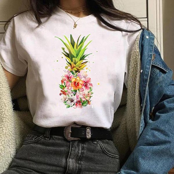 

tees print graphic floral womens pineapple watercolor clothes beach fruit clothing female t shirt, White