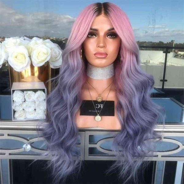 

purple gradient long pink curly hair fashion big wave women's middle wig full head cover, Black