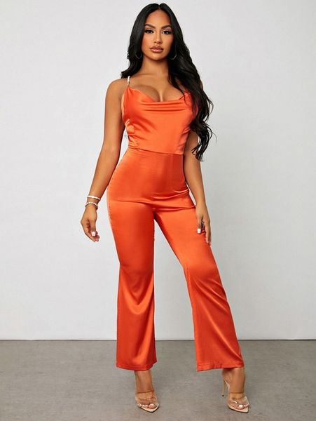 

sxy draped collar pearl strap flare leg jumpsuit b4pl#, White