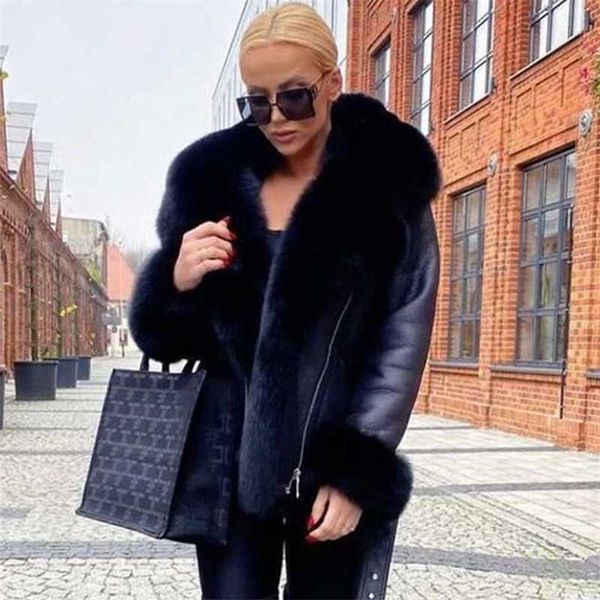 

winter real fur coats natural women genuine leather jacket with big fox fur turn-down collar luxury overcoats 210927, Black
