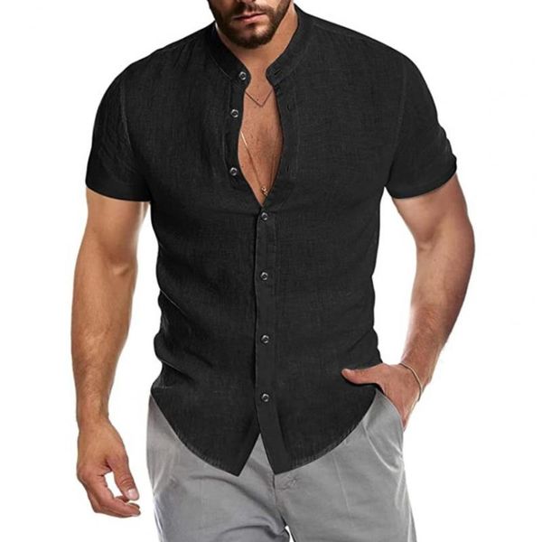 

men's casual shirts stylish short sleeve beach shirt buttons closure stand collar breathable solid color v neck pockets men for, White;black