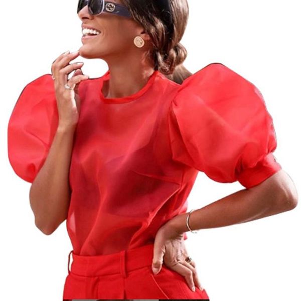 

2021 new spring blouses women mesh sheer puff ruffle short sleeve shirt casual button blouse crop top, White