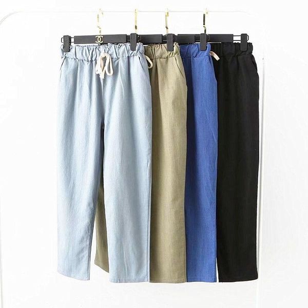 

women's pants & capris women harajuku long trousers solid color elastic waist cotton linen pencil fashion autumn casual ankle length, Black;white