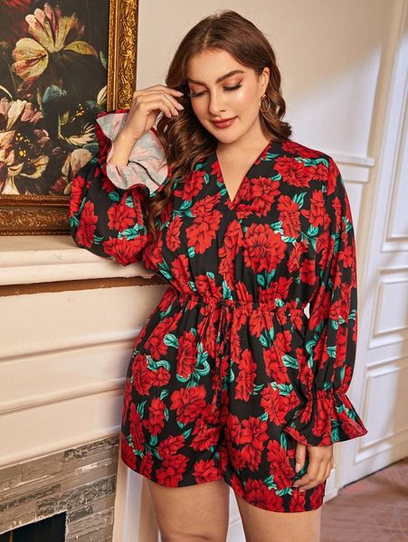 

plus allover floral tie waist romper k08w#, Black