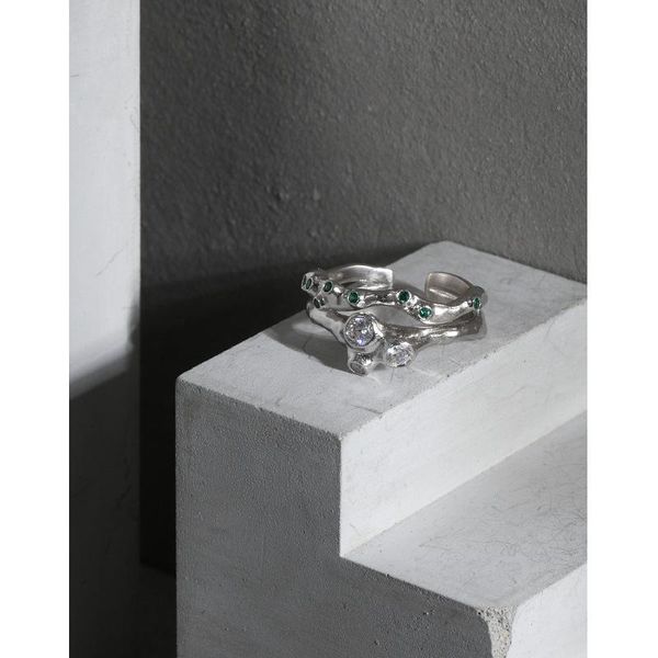 

cluster rings korean version of ins niche design sense irregular surface micro-inlaid zircon texture s925 sterling silver open ring female, Golden;silver