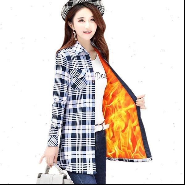 

velvet thick warm womens long plaid shirt female full sleeve  xxxl winter check blouse blusas femininas chemise autumn, White