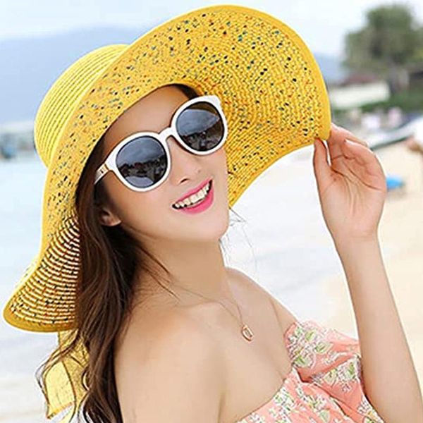

wide brim hats simple foldable floppy girls straw hat sun ladies big bowknot roll-up beach shade uv protect, Blue;gray