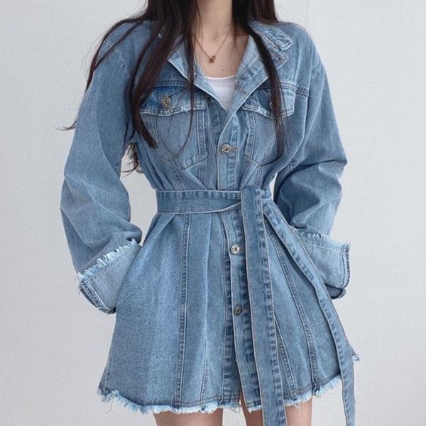 

women's jackets [ewq] jacket fashion autumn 2021 lapel loose single breasted lace up waist long sleeve denim coat female tide, Black;brown