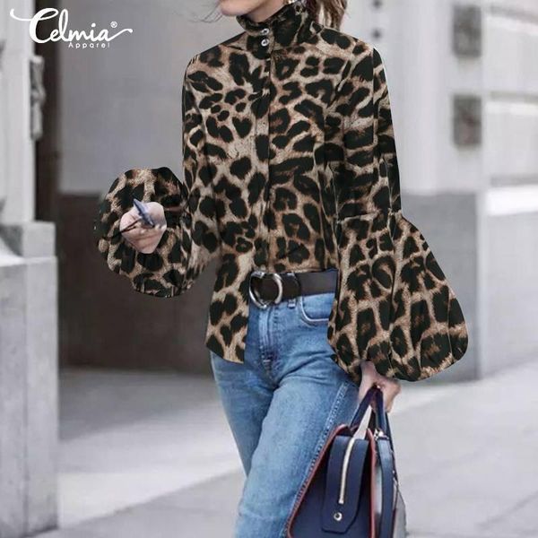 

2021 celmia women leopard print blouse autumn lantern sleeve high collar tunic casual elegant office work shirt loose blusas, White