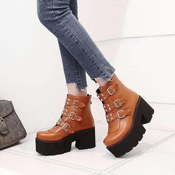 

boots autumn and winter buckle ankel women punk female platform wedges high heels pu botas mujer plus size, Black