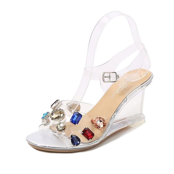 

dress shoes large size rhinestone clear crystal sandals 6cm 8 cm wedges heels nightclub model show women pole dancing summer, Black