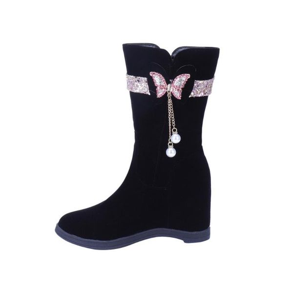 

boots womens ankle hidden heel rhinestones butterfly pearls pointed toe shoes warm winter plus size, Black