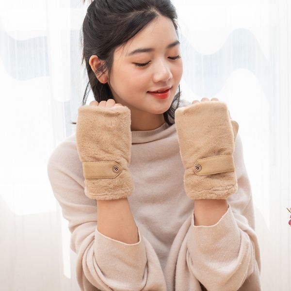 

2019 new solid fingerless gloves winter warm gloves women suede rabbit velvet inside microfiber pile dual-layer thickened, Red;black
