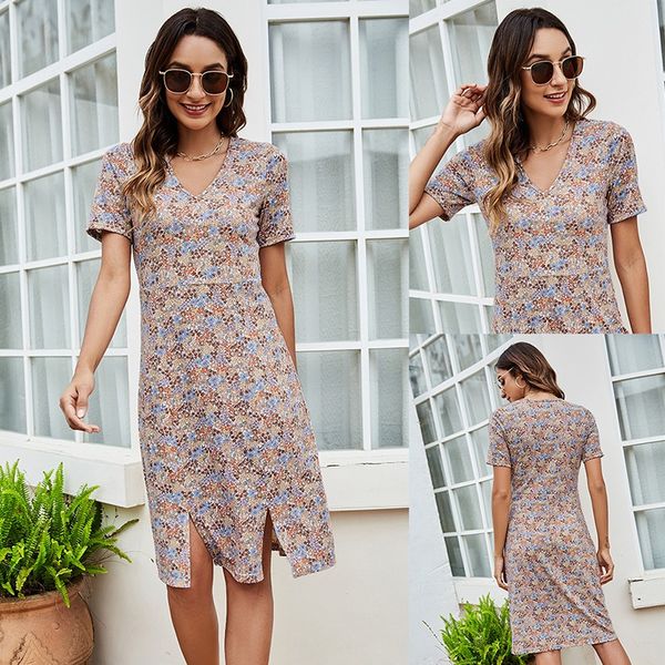 

summer new a-line skirt v-neck elegant dress slim fitting short sleeve double fork women's dress, White