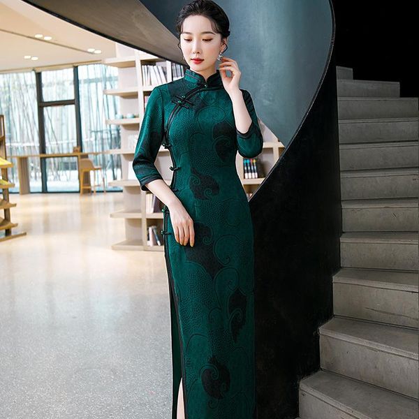 

ethnic clothing classic chinese style women cheongsam elegant evening party qipao teaditional handmade button autmn winter daily robe gown, Red