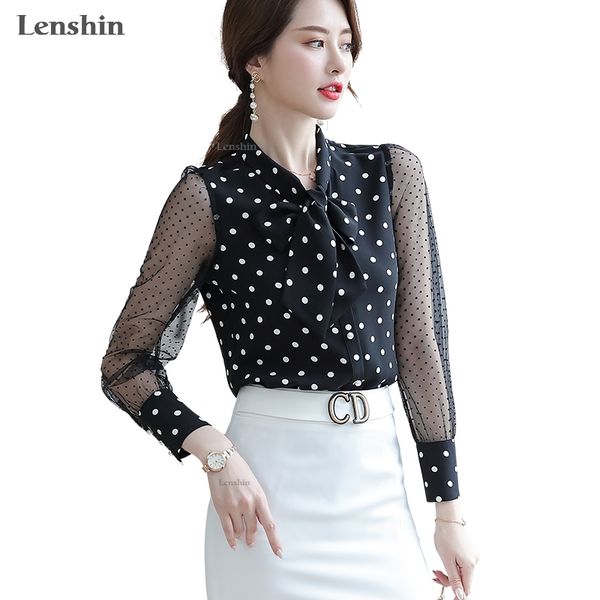 

lenshin polka dot transparent mesh shirt breathable soft blouse with tie women female wear casual style office lady 210308, White
