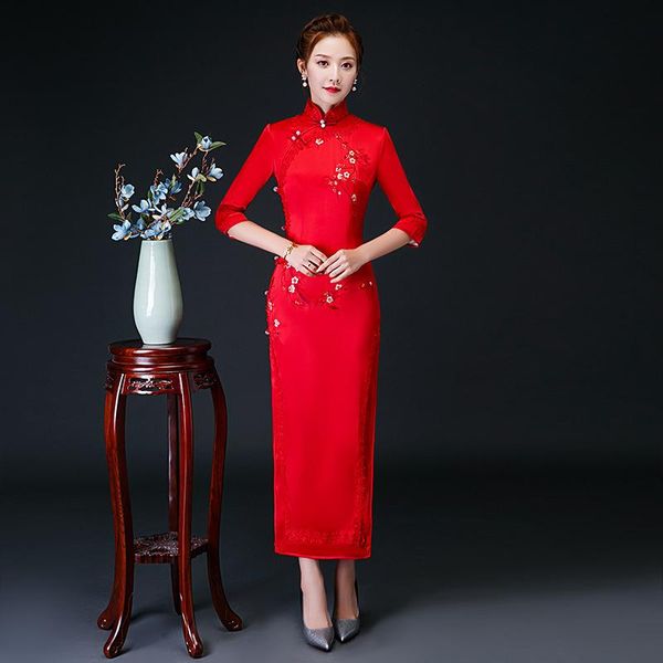 Этническая одежда негабаритная 4XL классическая слива вышивка длинные челконгсамские платья женские qipao красный старинный китайский вечер свадебный банкетный вечеринок d