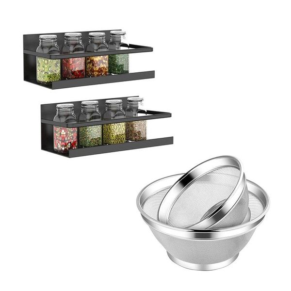 

storage baskets 2x magnetic spice rack shelf & stainless steel colander and strainer- unique high surround design