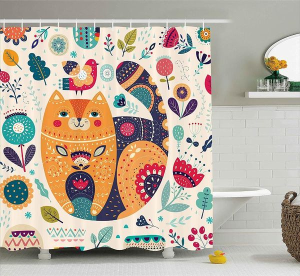 

shower curtains paisley curtain little smiling chubby cheek cat with various oriental leaf flower decor art waterproof bath