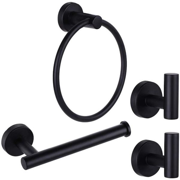 

bath accessory set 4 pcs black bathroom hardware hand towel ring, toilet paper holder,and 2 robe hooks, accessories kit