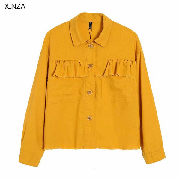 

women's blouses & shirts women yellow ruffle shirt long sleeve button up vintage spring female chic patch pockets frayed hem casu, White