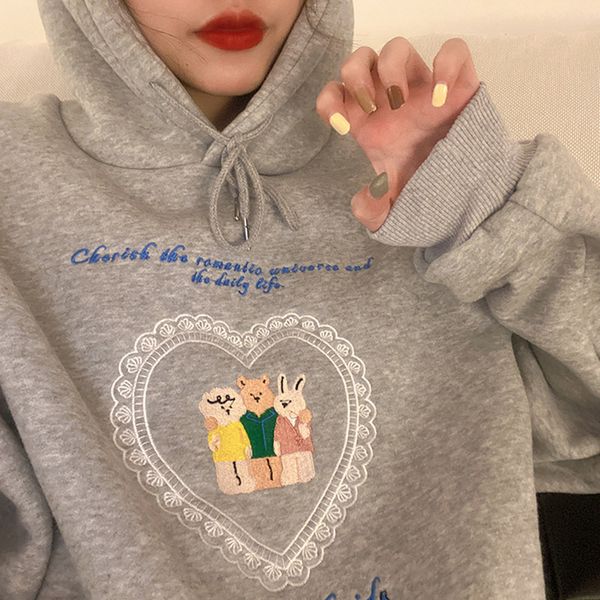 

2021 new 4 colors autumn winter korean style cartoon embroidery thicking hoodies womens sweatshirts and pullovers (f4177) r15f, Black