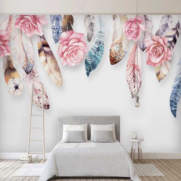 

wallpapers milofi custom do not nordic small fresh watercolor feather flower large tv background wallpaper mural