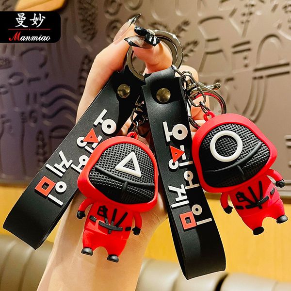 

cartoon squid game little pink doll cute car key chain bag small pendant gift round mask man, Slivery;golden