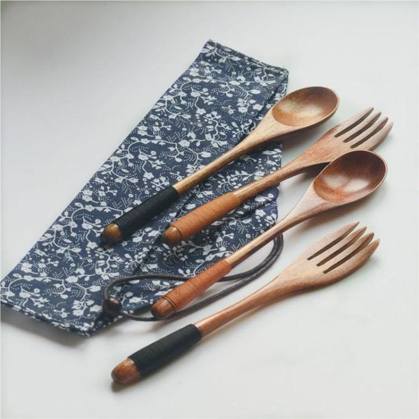 

2pcs/set wooden japanese style spoon and fork flatware set with storage bag