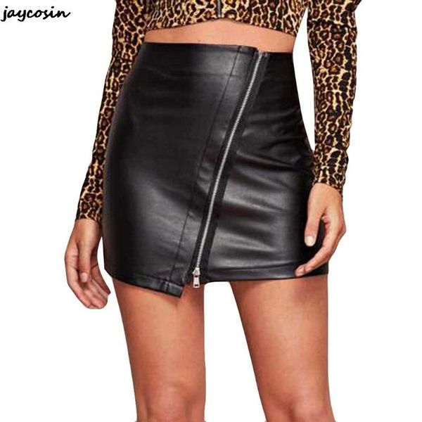 

skirts jaycosin mini leather skirt women's high waist girl uniform pleated zip bag hip, Black