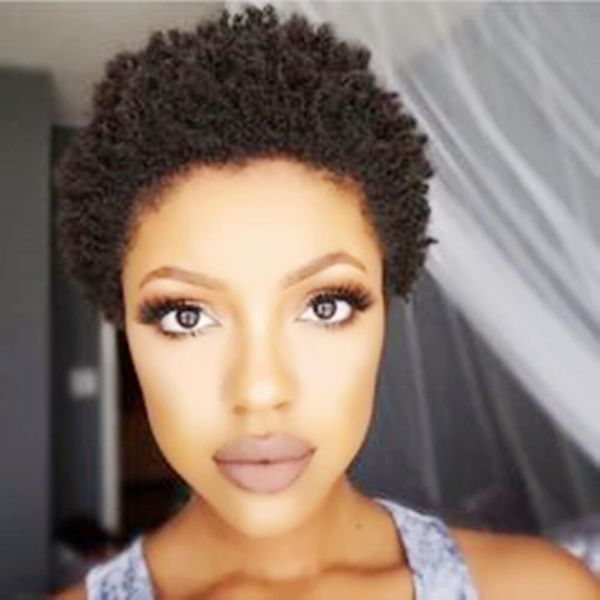

short human hair afro kinky curly pixie cut none lace front wigs for black women brazilian remy full machine made wig, Black;brown