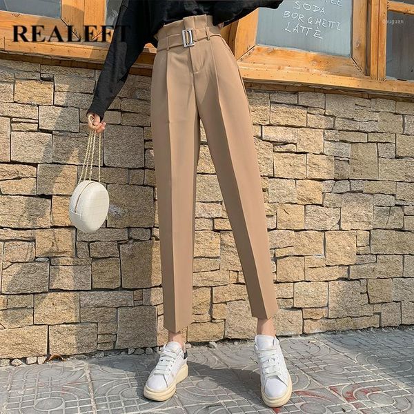

women's pants & capris realeft 2021 korean ol style formal harem pockets high waist elegant office lady ankle-length sashes, Black;white