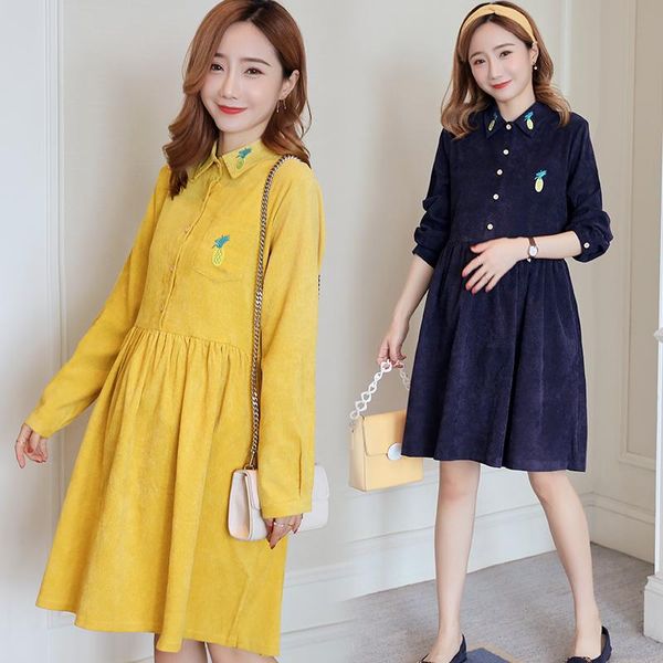 

maternity dresses autumn warm corduroy dress embroidered pineapple nursing clothes for pregnant women pregnancy, White