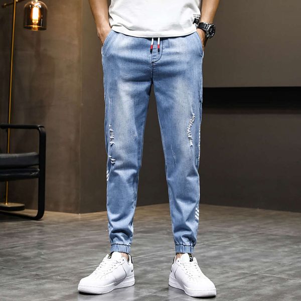 

spring waist work jeans men's loose fit korean elastic fashion brand casual harlan leggingsw, Blue