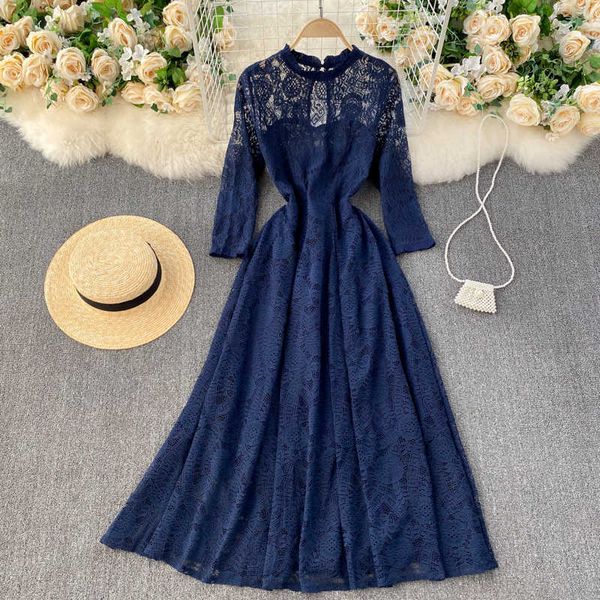 

pink/black/blue vintage hollow out party long dress women elegant ruffle collar long sleeve casual maxi vestidos spring autumn y0603, Black;gray