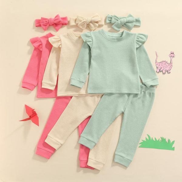 

clothing sets 2021 toddler baby girl 3pcs autumn spring set off shoulder solid long pant casual outfit headband 0-4years, White